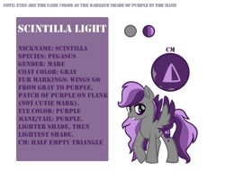 Size: 2500x2000 | Tagged: safe, artist:sodadoodle, imported from derpibooru, oc, oc only, oc:scintillalight, pegasus, pony, bags under eyes, colored wings, eyebrows, female, frown, gray, high res, hooves, info, looking back, mare, movie accurate, purple, purple eyes, purple mane, reference sheet, simple background, solo, spread wings, text, transparent background, triangle, wings