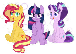 Size: 1200x855 | Tagged: safe, artist:chautung, imported from derpibooru, starlight glimmer, sunset shimmer, twilight sparkle, alicorn, pony, unicorn, magical trio, simple background, sitting, smiling, tongue out, transparent background, trio, twilight sparkle (alicorn)