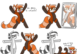 Size: 1348x954 | Tagged: safe, artist:dsp2003, artist:jargon scott, edit, imported from derpibooru, oc, oc:bandy cyoot, oc:pandy cyoot, original species, pony, raccoon pony, red panda pony, asserting dominance, colored, comic, crossing the memes, crying, female, lesser panda, loss (meme), mare, meme, mirror, pop team epic, simple background, sketch, t pose, white background