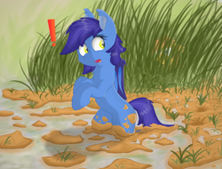 Size: 1542x1174 | Tagged: safe, artist:pzkratzer, imported from derpibooru, oc, oc:bluebat, oc:ponygriff, bat pony, hybrid, bat pony oc, bipedal, cute, exclamation point, female, fluffy, male, marshland, mire, mud, mud bath, muddy, nudity, plantswater, ponygriff, shadow, squishy, swamp, wet and messy, wetland