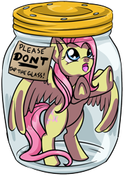 Size: 898x1258 | Tagged: safe, artist:dawnallies, imported from derpibooru, part of a set, fluttershy, butterfly, pegasus, pony, abuse, don't tap the pony in the jar, female, flutterbuse, flutterfly, flutters, glass, help, jar, lid, part of a series, pink, plastic, pony in a bottle, sad, simple background, solo, stuck, transparent background, yellow