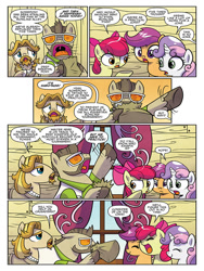 Size: 768x1024 | Tagged: safe, artist:agnesgarbowska, idw, imported from derpibooru, apple bloom, colter sobchak, jeff letrotski, scootaloo, sweetie belle, earth pony, pony, unicorn, ponyville mysteries, spoiler:comic, spoiler:comicponyvillemysteries2, clothes, cutie mark crusaders, eyes closed, female, filly, glasses, male, open mouth, preview, stallion