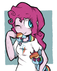 Size: 500x621 | Tagged: safe, artist:urbanqhoul, imported from derpibooru, pinkie pie, equestria girls, female, implied lesbian, implied pinkiedash, implied rainbow dash, implied shipping, irl, one eye closed, photo, plushie