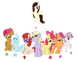 Size: 1024x820 | Tagged: safe, artist:igzzy, artist:laurka13579, artist:oshiaki, imported from derpibooru, apple bloom, babs seed, dinky hooves, scootaloo, sweetie belle, twist, oc, oc:light heart, oc:snowdrop, earth pony, pegasus, pony, unicorn, alternate cutie mark, base used, cutie mark crusaders, older, older snowdrop, simple background, white background