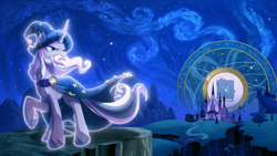 Size: 1920x1080 | Tagged: safe, artist:light262, imported from derpibooru, star swirl the bearded, pony, unicorn, art pack:heroes ep, castle of the royal pony sisters, jycrow, male, night, raised hoof, solo, stars, wallpaper