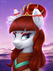 Size: 1200x1600 | Tagged: safe, artist:scheadar, imported from derpibooru, oc, oc only, earth pony, pony, beanbrows, clothes, commission, digital art, eyebrows, female, headdress, looking at you, mare, red hair, red mane, solo