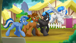 Size: 2858x1607 | Tagged: safe, artist:bcpony, imported from derpibooru, oc, oc only, oc:coppercore, oc:nimbus, oc:nova breeze, oc:snowstorm, pegasus, pony, unicorn, commission, crossed hooves, flying, male, open mouth, ponyville, talking, walking