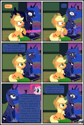 Size: 3254x4837 | Tagged: safe, artist:gutovi, imported from derpibooru, applejack, pinkie pie, princess luna, alicorn, earth pony, pony, comic:why me!?, bed, blushing, broken window, comic, cushion, implied lesbian, implied lunajack, vector