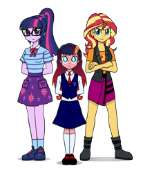 Size: 616x744 | Tagged: safe, artist:crydius, imported from derpibooru, sci-twi, sunset shimmer, twilight sparkle, oc, oc:gamma, android, robot, equestria girls, clothes, crossed arms, family, female, glasses, lesbian, magical lesbian spawn, offspring, parent:sci-twi, parent:sunset shimmer, parents:scitwishimmer, scientific lesbian spawn, scitwishimmer, shipping, simple background, sunsetsparkle, transparent background, trio