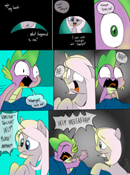 Size: 900x1214 | Tagged: safe, artist:emositecc, imported from derpibooru, spike, oc, oc:nebula, dragon, pony, unicorn, comic:empty halls, comic, dialogue, duo, female, implied starlight glimmer, male, mare, screaming, waking up