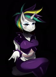 Size: 1615x2191 | Tagged: safe, artist:traupa, imported from derpibooru, rarity, anthro, it isn't the mane thing about you, alternate hairstyle, black background, bracelet, choker, collar, devil horn (gesture), female, jewelry, punk, raripunk, simple background, solo, spiked choker, spiked collar, spiked wristband, studded bracelet, wristband