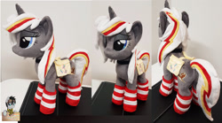 Size: 2900x1612 | Tagged: safe, artist:epicrainbowcrafts, imported from derpibooru, oc, oc:velvet remedy, pony, unicorn, fallout equestria, clothes, cutie mark, fanfic, female, fluttershy medical saddlebag, hooves, horn, irl, mare, medical saddlebag, photo, plushie, saddle bag, socks, striped socks