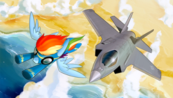 Size: 1920x1080 | Tagged: safe, artist:dori-to, imported from derpibooru, rainbow dash, pegasus, pony, clothes, f-35, f-35 lightning ii, female, flying, goggles, jet, jet fighter, mare, uniform, wonderbolts uniform