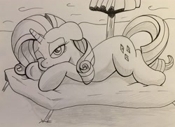 Size: 3447x2516 | Tagged: safe, artist:stammis, imported from derpibooru, rarity, pony, beach, female, high res, monochrome, movie accurate, prone, solo, traditional art