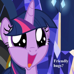 Size: 720x720 | Tagged: safe, edit, edited screencap, imported from derpibooru, screencap, twilight sparkle, alicorn, shadow play, bronybait, cropped, cute, dialogue, hug, hug request, smiling, text, twiabetes, twilight sparkle (alicorn), twilight's castle