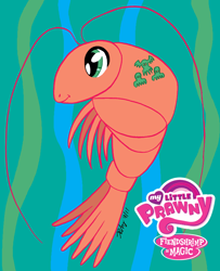 Size: 648x800 | Tagged: safe, artist:the-gneech, edit, imported from derpibooru, shrimp, abstract background, logo, logo edit, my little x, pun, smiling, species swap