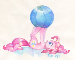 Size: 1485x1199 | Tagged: safe, artist:lispp, imported from derpibooru, pinkie pie, earth pony, pony, ball, cute, diapinkes, female, mare, on back, profile, smiling, solo, traditional art