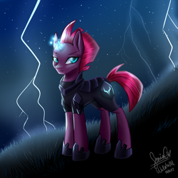 Size: 2000x2000 | Tagged: safe, artist:sonigiraldo, imported from derpibooru, tempest shadow, pony, unicorn, my little pony: the movie, armor, broken horn, eye scar, female, lightning, scar, solo, sparking horn