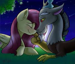 Size: 2193x1886 | Tagged: safe, artist:sonigiraldo, imported from derpibooru, discord, fluttershy, pegasus, pony, discoshy, duo, female, grass, male, night, nose wrinkle, shipping, straight, tree