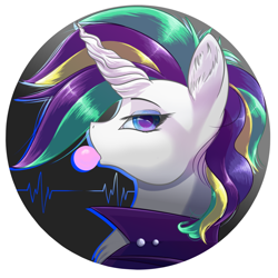 Size: 1024x1024 | Tagged: dead source, safe, artist:banoodle, imported from derpibooru, rarity, pony, unicorn, alternate hairstyle, bubblegum, bust, clothes, eyeshadow, female, food, gum, jacket, makeup, mare, punk, raripunk, solo