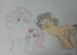 Size: 3144x2244 | Tagged: safe, imported from derpibooru, nurse redheart, oc, colored pencil drawing, duo, female, hasbro why, male, multiple cutie marks, question mark, traditional art, vulgar