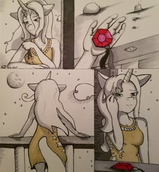 Size: 900x975 | Tagged: safe, artist:zalla661, imported from derpibooru, trixie, anthro, clothes, dress, female, gem, sad, siren gem, solo, traditional art