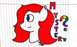 Size: 2940x1812 | Tagged: safe, artist:superdavid2011, imported from derpibooru, oc, oc only, oc:mystery, pony, blue eyes, bust, female, lined paper, mare, question mark, rainbow colors, red mane, signature, solo, traditional art