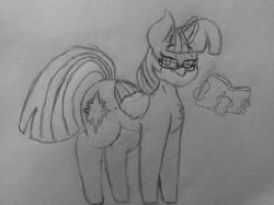 Size: 1280x956 | Tagged: safe, artist:somefrigginnerd, imported from derpibooru, twilight sparkle, alicorn, pony, book, chest fluff, female, glasses, glowing horn, grumpy, grumpy twilight, lineart, magic, monochrome, simple background, solo, telekinesis, traditional art, twilight sparkle (alicorn)