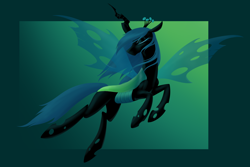 Size: 1280x853 | Tagged: safe, artist:mythpony, imported from derpibooru, queen chrysalis, changeling, changeling queen, pony, abstract background, crown, eyes closed, female, hooves, horn, jewelry, lineless, mare, regalia, solo, transparent wings, wings