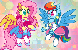 Size: 637x414 | Tagged: safe, artist:alexanderkrizak, imported from derpibooru, fluttershy, rainbow dash, super lesbian horse rpg, clothes, dress, female, flutterdash, lesbian, magical girl, mare, shipping, skirt