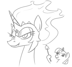 Size: 460x432 | Tagged: safe, artist:jargon scott, imported from derpibooru, daybreaker, twilight sparkle, alicorn, pony, unicorn, bust, female, filly, filly twilight sparkle, grayscale, hoof hold, mane of fire, mare, marshmallows, monochrome, mundane utility, simple background, slit eyes, slit pupils, the small acolyte, unicorn twilight, walking campfire, white background, younger