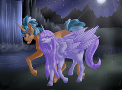 Size: 1200x888 | Tagged: safe, artist:bijutsuyoukai, imported from derpibooru, oc, oc only, oc:ivory spark, oc:phantasia, alicorn, pony, unicorn, female, male, mare, moon, night, stallion, waterfall