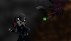 Size: 4000x2348 | Tagged: safe, artist:ejlightning007arts, imported from derpibooru, tempest shadow, rabbit, unicorn, my little pony: the movie, action, action pose, airship, crossover, epic, fanart, female, fight, judy hopps, obsidian orb, police, police officer, police uniform, storm, zootopia