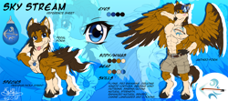 Size: 5500x2448 | Tagged: safe, artist:h-stallionwolf, imported from derpibooru, oc, oc only, oc:sky stream, anthro, hybrid, pegasus, pony, unguligrade anthro, wolf, abs, anime, anime style, anthro with ponies, arm behind head, armpits, biceps, clothes, commission, cutie mark necklace, jewelry, male, muscles, pecs, pendant, reference sheet, shorts, shy, solo, stallion, sweat, sweatdrop, unshorn fetlocks, zoom layer