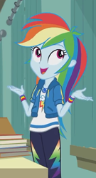 Size: 382x708 | Tagged: safe, imported from derpibooru, screencap, rainbow dash, equestria girls, equestria girls series, the last day of school, clothes, cropped, female, geode of super speed, jacket, magical geodes, pants, smiling