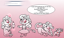 Size: 1280x768 | Tagged: safe, artist:carouselunique, imported from derpibooru, oc, oc:blackberry beatrice pie, cerberus, hybrid, comic:spiraling together, cerberus oc, food, ice cream, ice cream cone, interspecies offspring, multiple heads, offspring, parent:lord tirek, parent:pinkie pie, parents:tirekpie, sunjackspiral, three heads