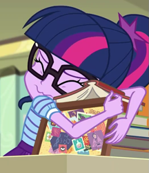 Size: 523x604 | Tagged: safe, imported from derpibooru, screencap, sci-twi, twilight sparkle, equestria girls, equestria girls series, the last day of school, adorkable, book, bookhorse, cropped, cute, dork, eyes closed, female, glasses, hug, that pony sure does love books, twiabetes, wavy mouth, x{