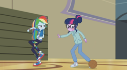 Size: 948x523 | Tagged: safe, imported from derpibooru, screencap, rainbow dash, sci-twi, twilight sparkle, equestria girls, equestria girls series, stressed in show, stressed in show: rainbow dash, basketball, female, glasses, sports