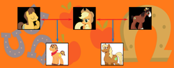 Size: 1427x557 | Tagged: safe, artist:alphamonouryuuken, artist:kianamai, imported from derpibooru, applejack, caramel, trouble shoes, oc, oc:anjou apple, oc:golden delicious, oc:honey crisp, earth pony, pony, kilalaverse, kilalaverse ii, family tree, female, harem, horseshoes, next generation, offspring, parent:applejack, parent:caramel, parent:trouble shoes, parent:troubleshoes clyde, parents:carajack, parents:troublejack, polygamy