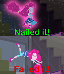 Size: 1617x1872 | Tagged: safe, edit, edited screencap, editor:sonic ranger, imported from derpibooru, screencap, pinkie pie, equestria girls, friendship games, blooper, comparison, failed it, friendship games bloopers, nailed it, ponied up, wires