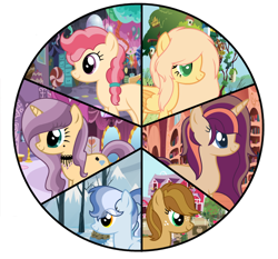 Size: 1024x954 | Tagged: safe, artist:crystalponyart7669, imported from derpibooru, oc, oc only, oc:ametrine, oc:caramel apple, oc:pink apple blossom, oc:ruby sunlight, oc:sugar spice, oc:sweetie blue, earth pony, pegasus, pony, unicorn, base used, female, mare, offspring, parent:applejack, parent:caramel, parents:carajack