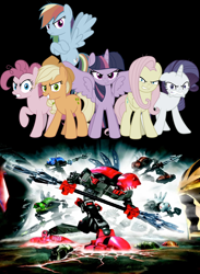 Size: 1024x1398 | Tagged: safe, artist:sparkletron, edit, imported from derpibooru, mean applejack, mean fluttershy, mean pinkie pie, mean rainbow dash, mean rarity, mean twilight sparkle, alicorn, the mean 6, bionicle, clone, clone six, comparison, cracks, evil rainbow dash, guurahk, kraata, kurahk, lego, lerahk, makuta teridax, panrahk, rahkshi, takanuva, turahk, vorahk