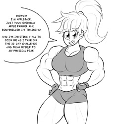 Size: 854x890 | Tagged: safe, artist:matchstickman, imported from derpibooru, part of a set, applejack, human, 30 day challenge, applejacked, breasts, busty applejack, clothes, compression shorts, dialogue, female, fingerless gloves, gloves, grin, humanized, muscles, muscular female, part of a series, smiling, solo, tanktop