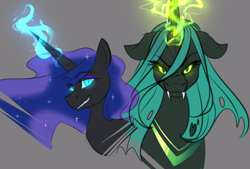 Size: 750x507 | Tagged: safe, artist:cosmalumi, artist:its-gloomy, imported from derpibooru, nightmare moon, queen chrysalis, alicorn, changeling, changeling queen, pony, bust, duo, ethereal mane, female, gray background, looking at you, mare, portrait, simple background, smiling, starry mane