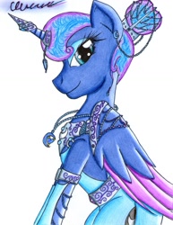 Size: 1024x1329 | Tagged: safe, artist:the1king, imported from derpibooru, princess luna, alicorn, pony, alternate hairstyle, clothes, colored wings, dress, ear piercing, female, horn cap, horn jewelry, jewelry, necklace, piercing, smiling, solo
