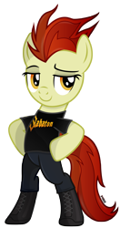 Size: 2430x4599 | Tagged: safe, artist:a4r91n, imported from derpibooru, oc, oc only, oc:para focului, bipedal, boots, clothes, heavy metal, hooves on hips, lidded eyes, looking away, pants, sabaton, shirt, shoes, simple background, t-shirt, transparent background, vector