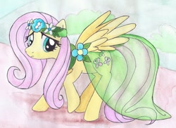 Size: 989x719 | Tagged: safe, artist:astevenamedwolf, imported from derpibooru, fluttershy, pegasus, pony, backing away, clothes, dress, female, headdress, looking at you, mare, raised hoof, see-through, solo, spread wings, traditional art, watercolor painting, wings