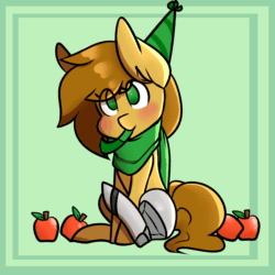 Size: 1350x1350 | Tagged: safe, artist:angelbeat-drift, deleted from derpibooru, imported from derpibooru, oc, oc only, pony, amputee, animated, apple, blushing, food, hat, party hat, party horn, prosthetic limb, prosthetics, solo