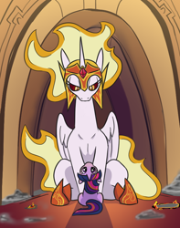 Size: 628x797 | Tagged: safe, artist:greyscaleart, artist:jargon scott, color edit, edit, imported from derpibooru, daybreaker, twilight sparkle, alicorn, pony, unicorn, ash, colored, cute, dead, duo, female, filly, filly twilight sparkle, floppy ears, glare, lidded eyes, looking at you, looking back, looking up, mare, offscreen character, shadow, sitting, size difference, the small acolyte, tiny ponies, twiabetes, upside down, younger