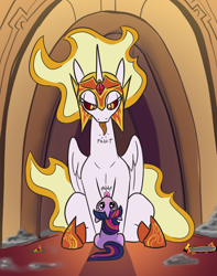 Size: 628x797 | Tagged: safe, artist:greyscaleart, artist:jargon scott, color edit, edit, imported from derpibooru, daybreaker, twilight sparkle, alicorn, pony, unicorn, :p, colored, cute, diabreaker, eye contact, female, filly, filly twilight sparkle, glare, lidded eyes, looking at each other, looking at you, looking back, looking up, mare, mombreaker, offscreen character, raspberry, raspberry noise, shadow, silly, silly pony, sitting, size difference, sweet dreams fuel, the small acolyte, tongue out, twiabetes, unicorn twilight, younger